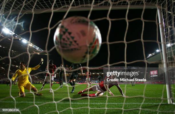 Aden Flint of Bristol City scores their second goal during the Carabao Cup semi-final second leg match between Bristol City and Manchester City at...