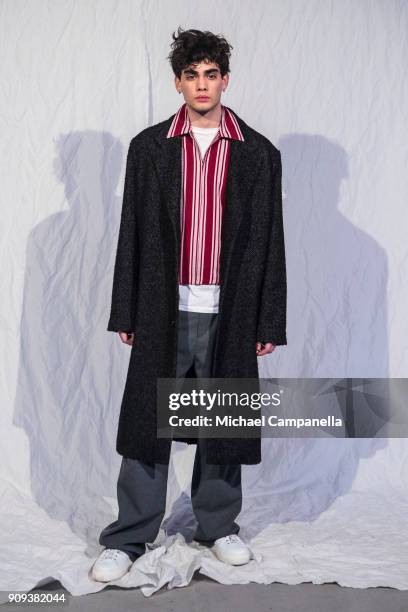 Model poses for a picture during the Hope show on the third day of Stockholm Fashion Week at Hope's headquarters on January 23, 2018 in Stockholm,...