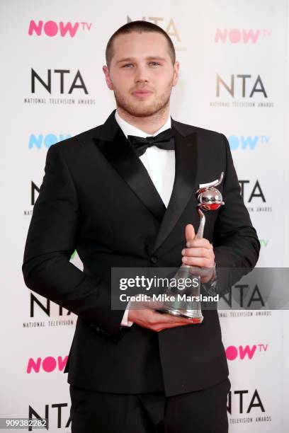 Danny Walters poses in the press room with the Newcomer Award at the National Television Awards 2018 at The O2 Arena on January 23, 2018 in London,...