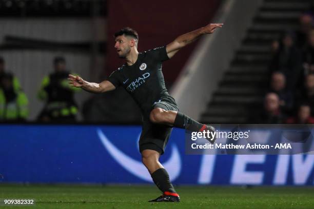 Sergio Aguero of Manchester City scores a goal to make it 0-2 during the Carabao Cup Semi-Final: Second Leg between Bristol City and Manchester City...