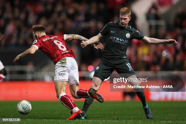 Josh Brownhill of Bristol City and Kevin De Bruyne of Manchester City during the Carabao Cup Semi-Final: Second Leg between Bristol City and...