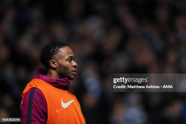 Raheem Sterling of Manchester City warms up during the Carabao Cup Semi-Final: Second Leg between Bristol City and Manchester City at Ashton Gate on...