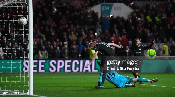 Manchester City player Kevin De Bruyne celebrates with Bernardo Silva after scoring his goal during the Carabao Cup Semi-Final: Second Leg match...
