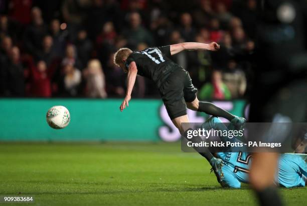 Manchester City's Kevin De Bruyne scores his side's third goal of the game during the Carabao Cup semi final, second leg match at Ashton Gate,...