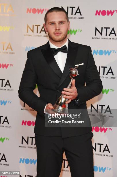 Danny Walters, winner of the Best Newcomer award, poses in the press room at the National Television Awards 2018 at The O2 Arena on January 23, 2018...