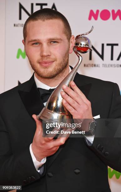 Danny Walters, winner of the Best Newcomer award, poses in the press room at the National Television Awards 2018 at The O2 Arena on January 23, 2018...