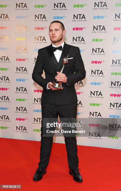 Danny Walters, winner of the Best Newcomer award, poses in the press room at the National Television Awards 2018 at The O2 Arena on January 23, 2018...