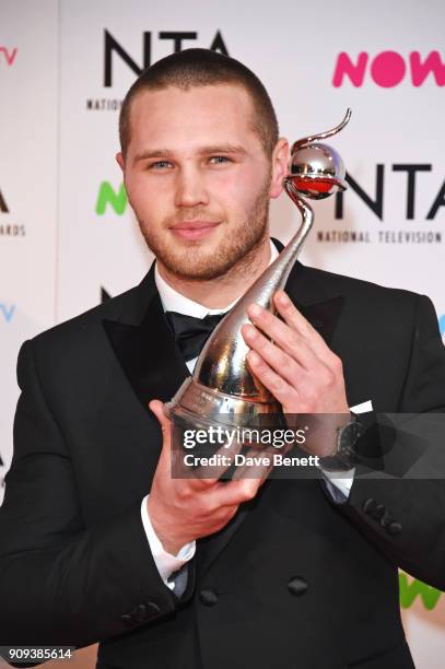 Danny Walters, winner of the Best Newcomer award, poses in the press room at the National Television Awards 2018 at The O2 Arena on January 23, 2018...