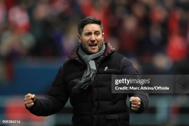 Bristol City manager Lee Johnson celebrates a late goal during the Carabao Cup Semi-Final 2nd leg match between Bristol City and Manchester City at...