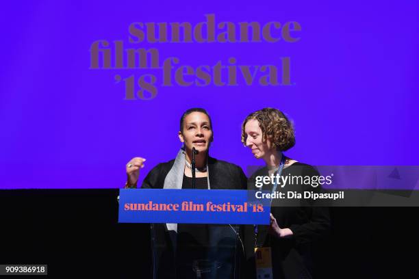 Editors Tabitha Jackson and Laura Williams Argilla speak onstage during the Art of Editing Reception during the 2018 Sundance Film Festival at The...