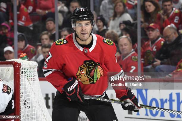 Lance Bouma of the Chicago Blackhawks watches for the puck in the first period against the Arizona Coyotes at the United Center on December 10, 2017...