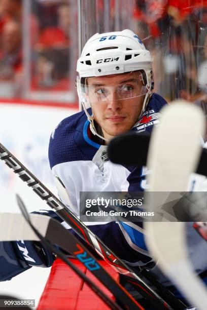 Marko Dano of the Winnipeg Jets takes a break in an NHL game on January 20, 2018 at the Scotiabank Saddledome in Calgary, Alberta, Canada.