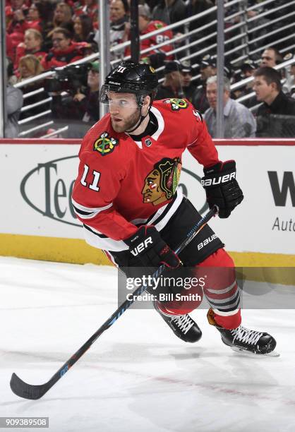 Cody Franson of the Chicago Blackhawks skates in the first period against the Vegas Golden Knights at the United Center on January 5, 2018 in...