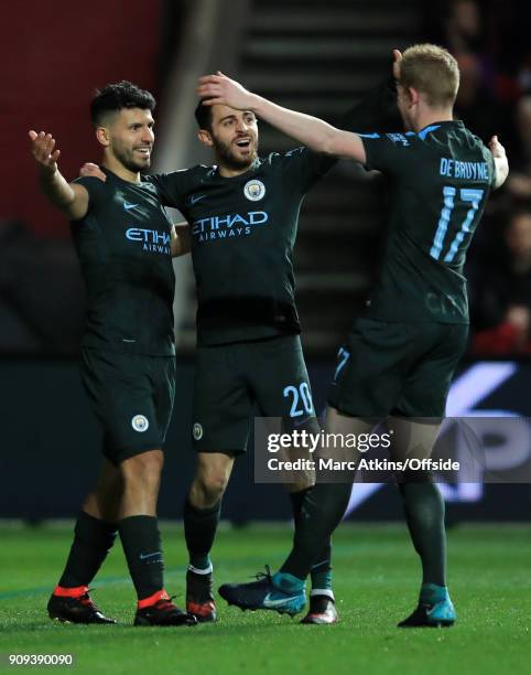 Sergio Aguero of Manchester City celebrates scoring their 2nd goal with Kevin De Bruyne and Bernardo Silva during the Carabao Cup Semi-Final 2nd leg...