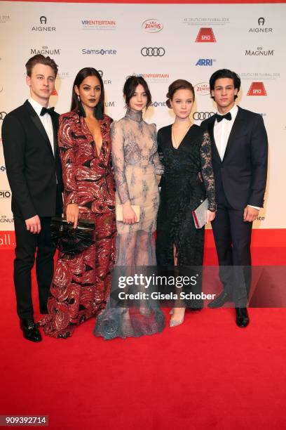 Timmi Trinks, Nilam Farooq, Anna Lena Klenke, Sonja Gerhardt and Emilio Sakraya during the German Film Ball 2018 at Hotel Bayerischer Hof on January...