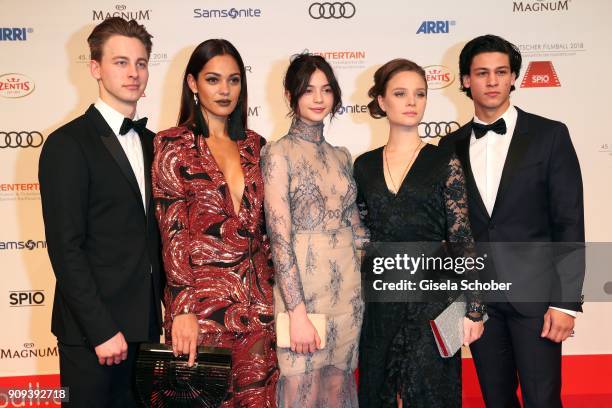 Timmi Trinks, Nilam Farooq, Anna Lena Klenke, Sonja Gerhardt and Emilio Sakraya during the German Film Ball 2018 at Hotel Bayerischer Hof on January...