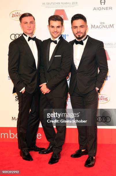 Jannik Schuemann, Lucas Reiber, Aram Arami during the German Film Ball 2018 at Hotel Bayerischer Hof on January 20, 2018 in Munich, Germany.