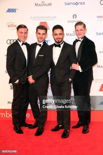 Jannik Schuemann, Lucas Reiber, Aram Arami and Max von der Groeben during the German Film Ball 2018 at Hotel Bayerischer Hof on January 20, 2018 in...
