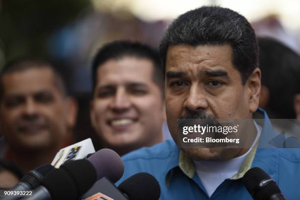 Nicolas Maduro, Venezuela's president, speaks to members of the media during a rally in Caracas, Venezuela, on Tuesday, Jan. 23, 2018. Venezuela...