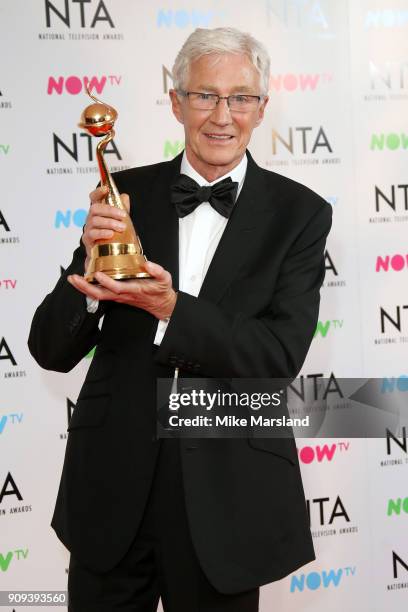 Paul O'Grady, winner of the Special Recognition Award, poses in the press room at the National Television Awards 2018 at The O2 Arena on January 23,...