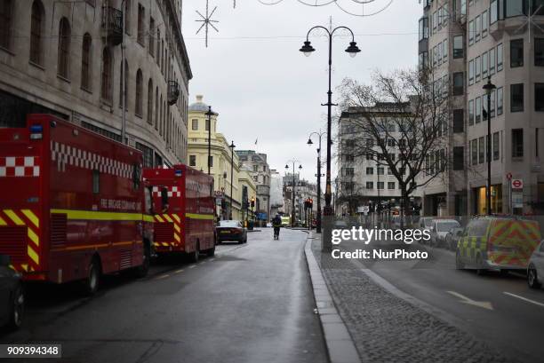 Commuters are facing major disruption after a gas leak closed parts of London's West End, on January 23, 2018. Roads are closed and Charing Cross...