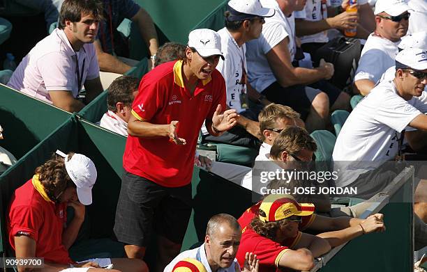 Spanish Rafa Nadal applauds during the second match of the Davis Cup semi-final tie between defending champions Spain and Israel between Spanish Juan...