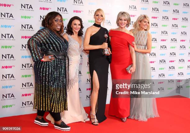 Chizzy Akudolu, Shirley Ballas, Tess Daly, Ruth Langsford and Mollie King pose in the press room with the Talent Show Award for 'Strictly Come...