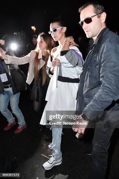 Bella Hadid is seen leaving Alexandre Vauthier fashion show during the Paris Fashion Week -Haute Couture Spring/Summer 2018 on January 22, 2018 in...