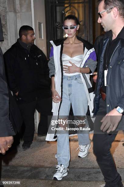 Bella Hadid is seen leaving Alexandre Vauthier fashion show during the Paris Fashion Week -Haute Couture Spring/Summer 2018 on January 22, 2018 in...