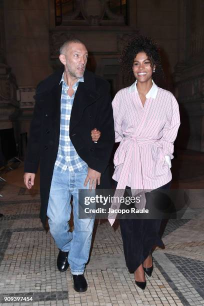 Vincent Cassel and Tina Kunakey are seen leaving Alexandre Vauthier fashion show during the Paris Fashion Week -Haute Couture Spring/Summer 2018 on...