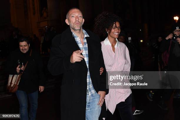 Vincent Cassel and Tina Kunakey are seen leaving Alexandre Vauthier fashion show during the Paris Fashion Week -Haute Couture Spring/Summer 2018 on...