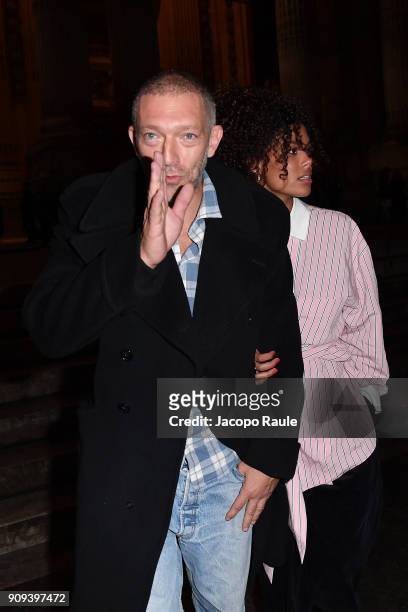 Vincent Cassel and Tina Kunakey are seen leaving Alexandre Vauthier fashion show during the Paris Fashion Week -Haute Couture Spring/Summer 2018 on...
