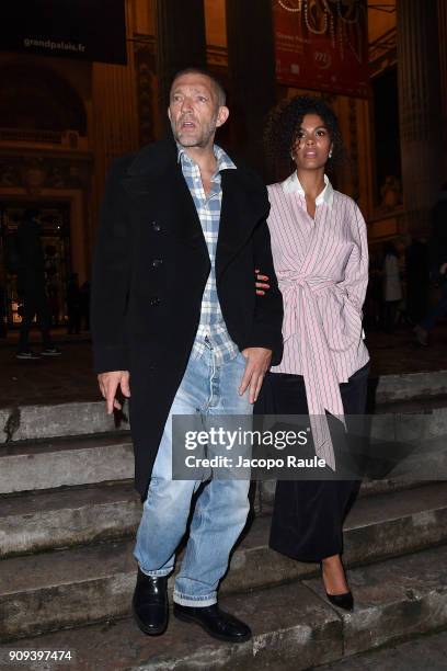 Vincent Cassel and Tina Kunakey are seen leaving Alexandre Vauthier fashion show during the Paris Fashion Week -Haute Couture Spring/Summer 2018 on...