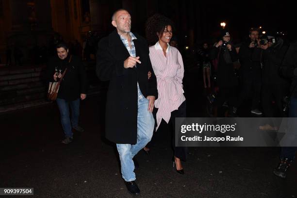 Vincent Cassel and Tina Kunakey are seen leaving Alexandre Vauthier fashion show during the Paris Fashion Week -Haute Couture Spring/Summer 2018 on...