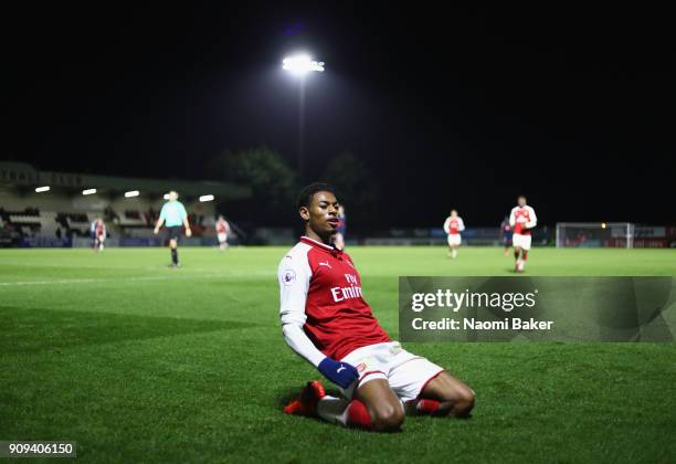 Jeff Reine-Adelaide of Arsenal celebrates after scoring his sides fourth goal during the Premier League International Cup match between Arsenal and...