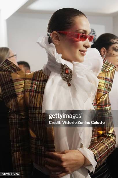 Bella Hadid poses backstage prior the Alexandre Vauthier Spring Summer 2018 show as part of Paris Fashion Week on January 23, 2018 in Paris, France.