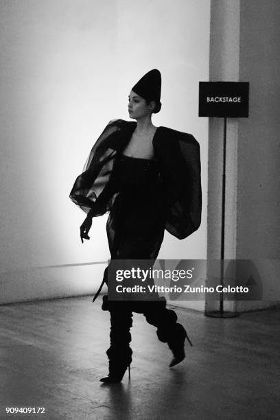 Model poses backstage prior the Alexandre Vauthier Spring Summer 2018 show as part of Paris Fashion Week on January 23, 2018 in Paris, France.