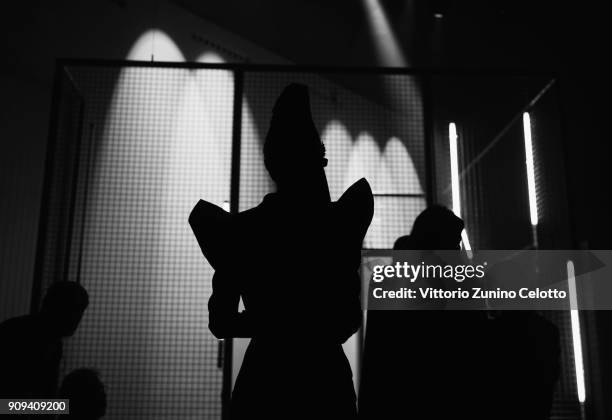 Model poses backstage prior the Alexandre Vauthier Spring Summer 2018 show as part of Paris Fashion Week on January 23, 2018 in Paris, France.