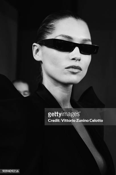 Model poses backstage prior the Alexandre Vauthier Spring Summer 2018 show as part of Paris Fashion Week on January 23, 2018 in Paris, France.