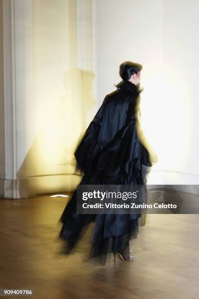 Model poses backstage prior the Alexandre Vauthier Spring Summer 2018 show as part of Paris Fashion Week on January 23, 2018 in Paris, France.