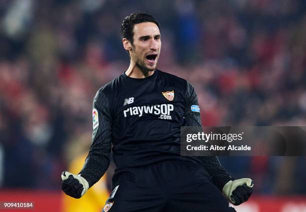 Sergio Rico of Sevilla FC celebrates after his team-mate Pablo Sarabia scoring his team's third goal during the Copa del Rey, Quarter Final, second...