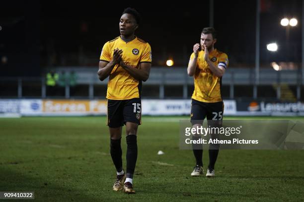 Shawn McCoulsky of Newport County and Mark O'Brien after the final whistle of the Sky Bet League Two match between Newport County and Morcambe at...