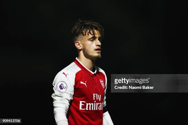 Vlad Dragomir of Arsenal looks on during the Premier League International Cup match between Arsenal and Bayern Munich at Meadow Park on January 23,...