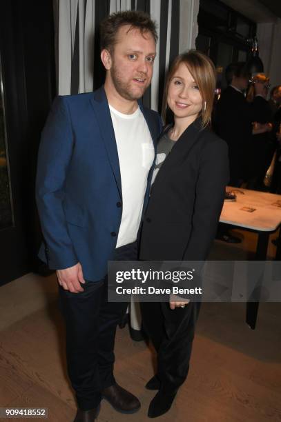 Sam Troughton and Polly Findlay attend the press night performance of "Beginning" at the Ambassadors Theatre on January 23, 2018 in London, England.