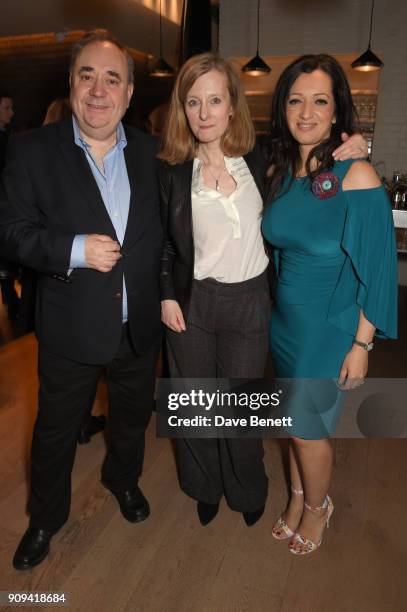 Alex Salmand, Denise Silvey and Tasmina Ahmed-Sheikh attend the press night performance of "Beginning" at the Ambassadors Theatre on January 23, 2018...