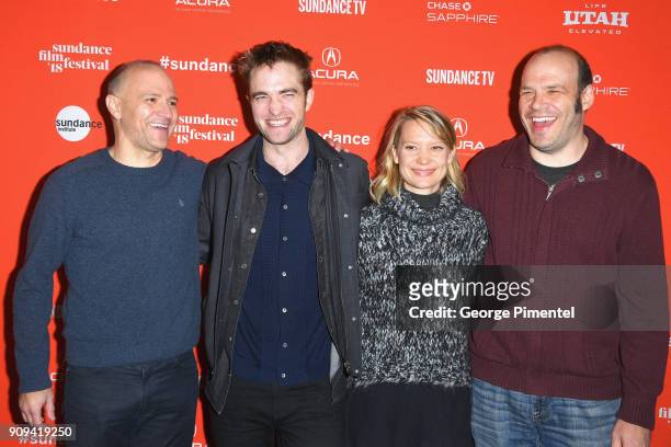 Co-directors and writers David Zellner and Nathan Zellner with actors Robert Pattinson and Mia Wasikowska at the "Damsel" Premiere during the 2018...