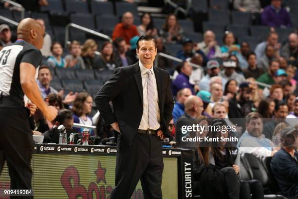 Head Coach David Joerger of the Sacramento Kings looks on during the game against the Charlotte Hornets on January 22, 2018 at Spectrum Center in...
