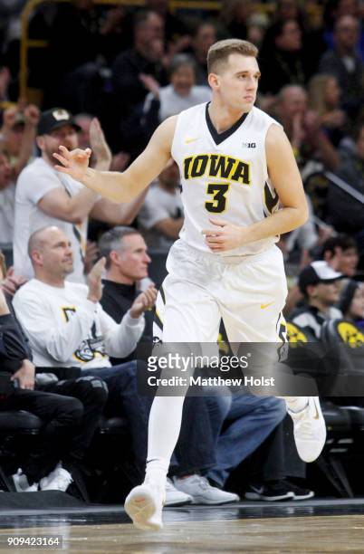Guard Jordan Bohannon of the Iowa Hawkeyes celebrates a basket in the first half against the Purdue Boilermakers on January 20, 2018 at...