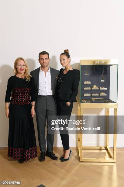 Diana Widmaier Picasso, Siran Manoukian and Tommy Chiabra attend Mene 24 Karat Jewelry Presentation at Gagosian Gallery on January 23, 2018 in Paris,...