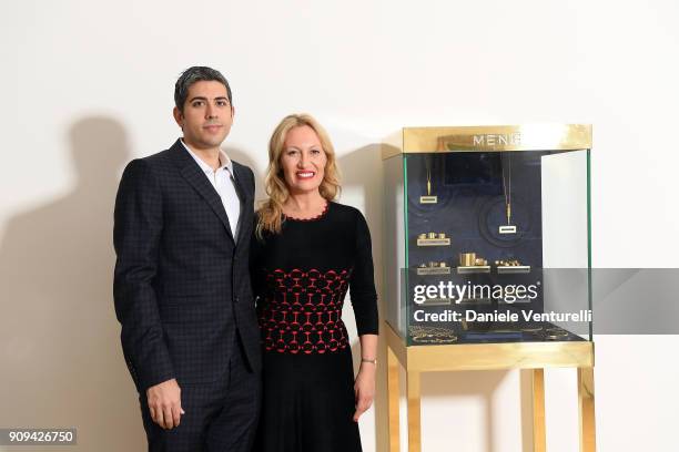 Roy Sebag and Diana Widmaier Picasso attend Mene 24 Karat Jewelry Presentation at Gagosian Gallery on January 23, 2018 in Paris, France.